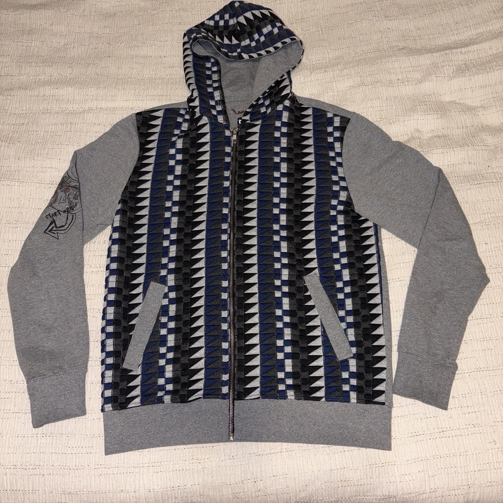 Desigual Man Hoodie Jacket Sz L Full Zip Tribal Geometric Blue Gray Hooded